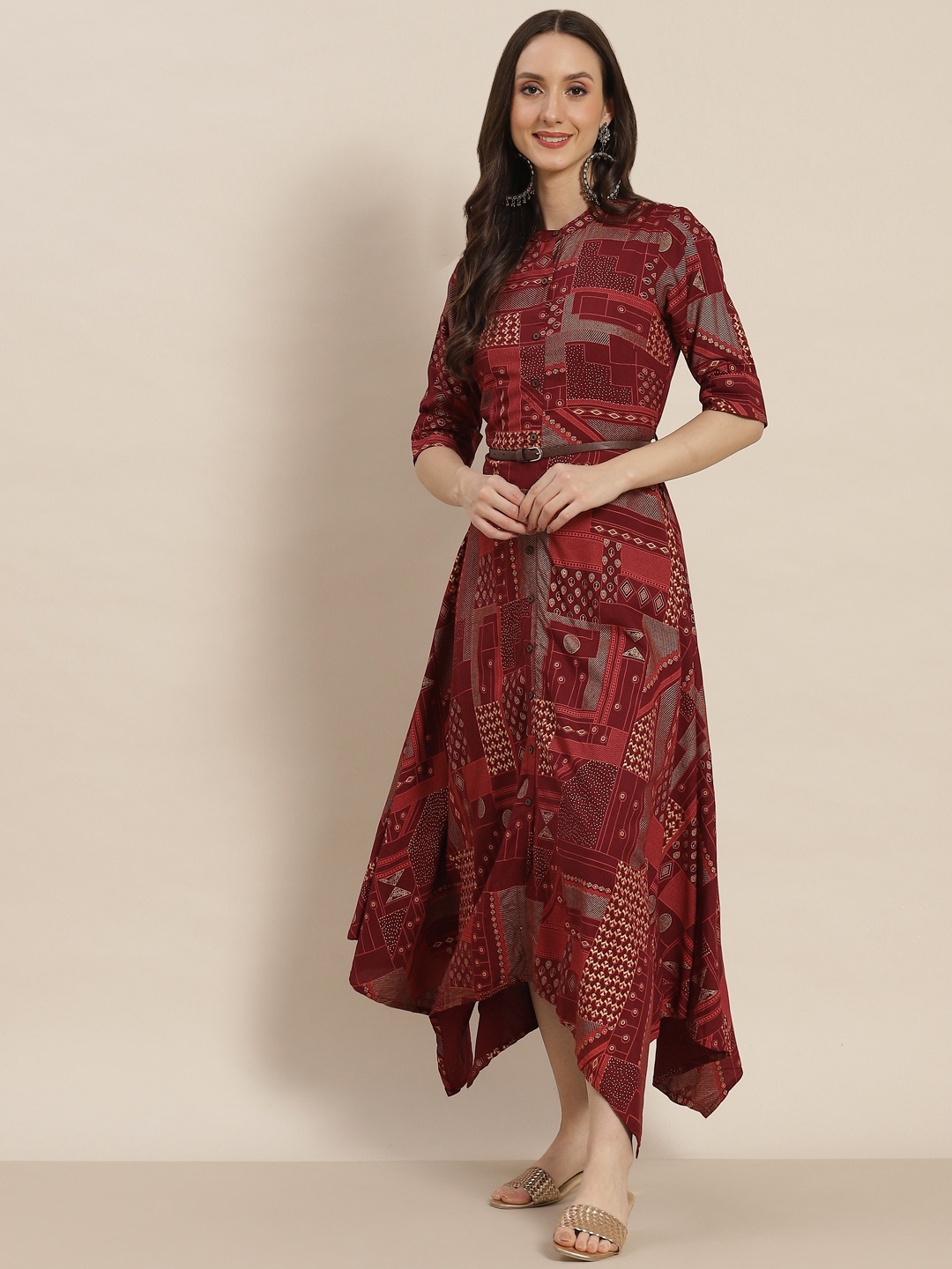 

Juniper Women Maroon Printed Asymmetric A-Line Midi Dress