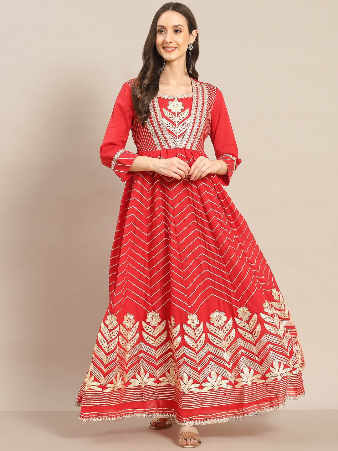 

Juniper Women Red & Golden Cotton Cambric Gotta Patti Maxi Dress
