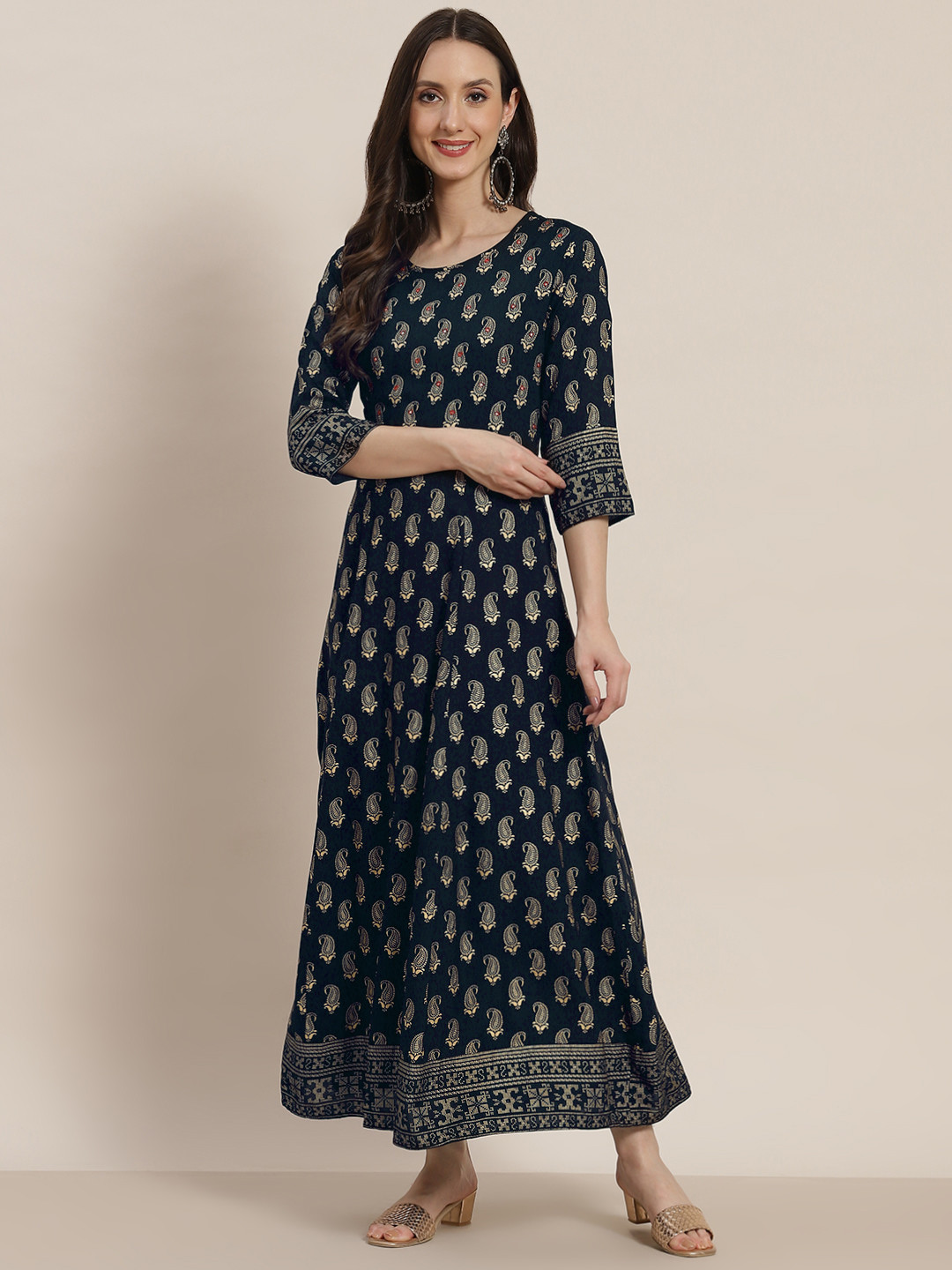 

Juniper Navy Blue & Golden Ethnic Motifs Printed A-Line Dress, Black