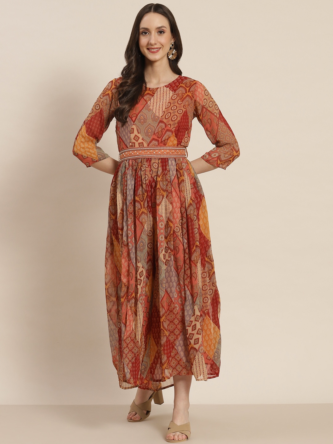 

Juniper Cream-Coloured & Red Ethnic Motifs Printed Basic Jumpsuit