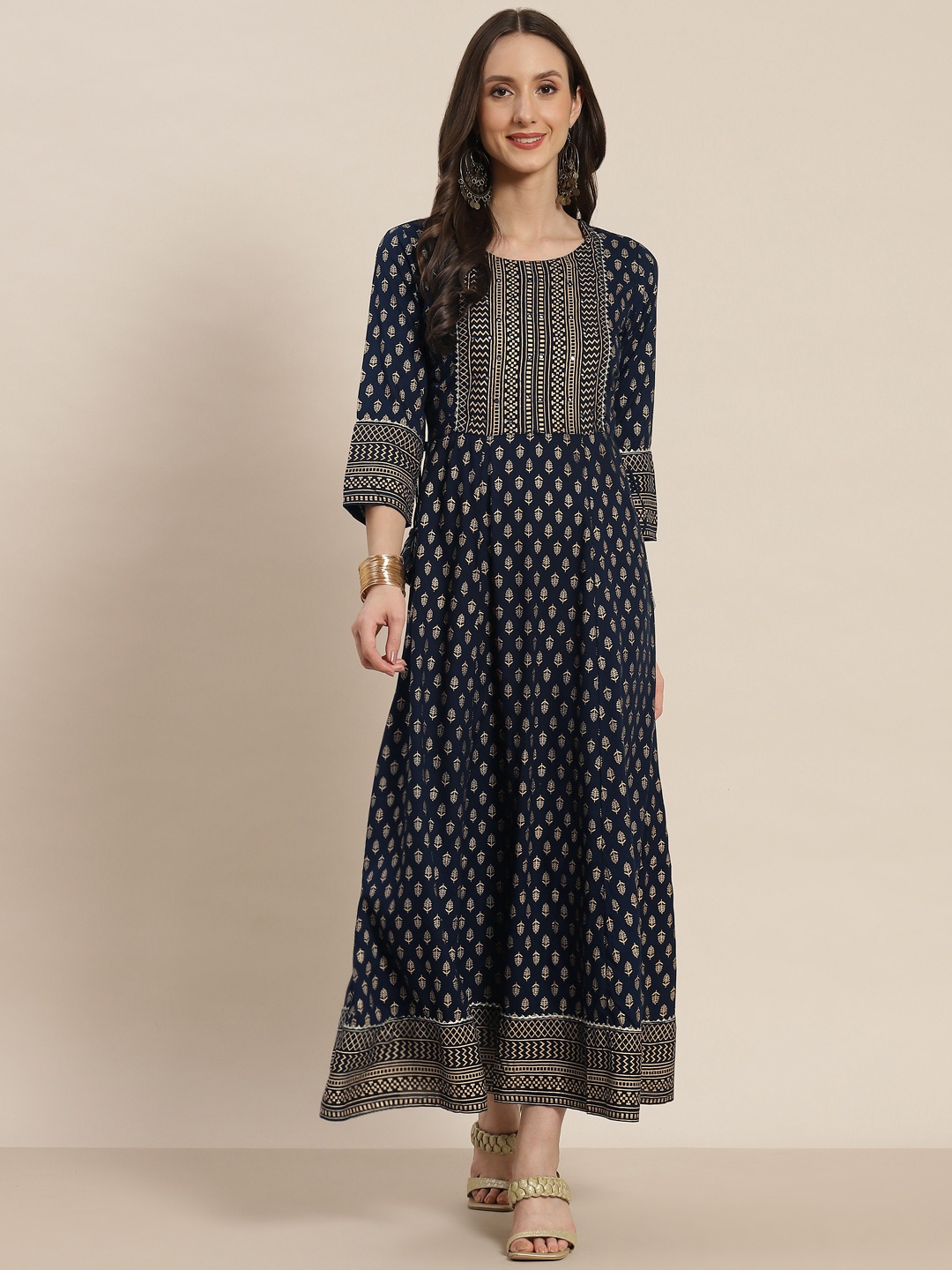 

Juniper Navy Blue & Golden Ethnic Motifs Printed A-Line Maxi Dress