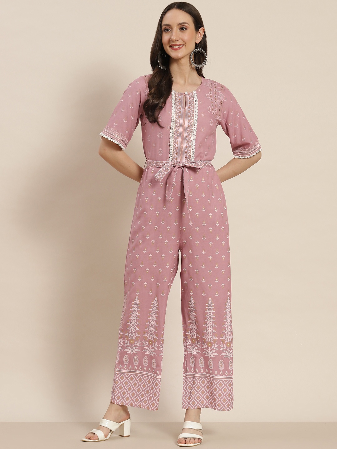 

Juniper Pink & White Ethnic Motifs Printed Basic Jumpsuit with Lace Inserts