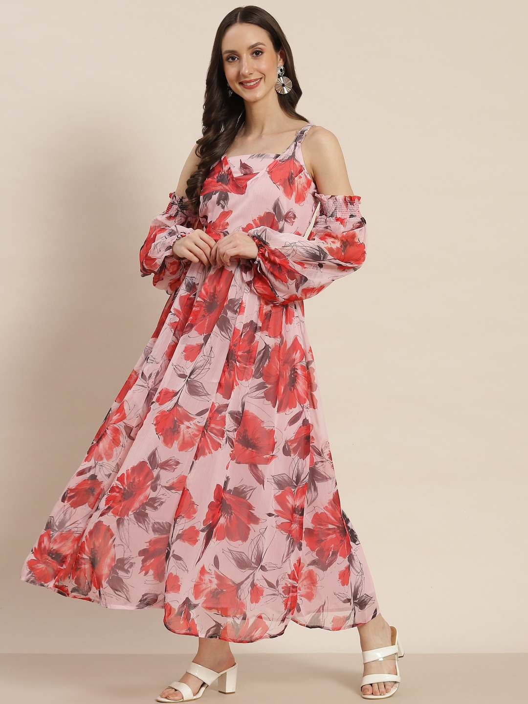 

Juniper Women Pink Chiffon Flared Printed A-Line Maxi Dress