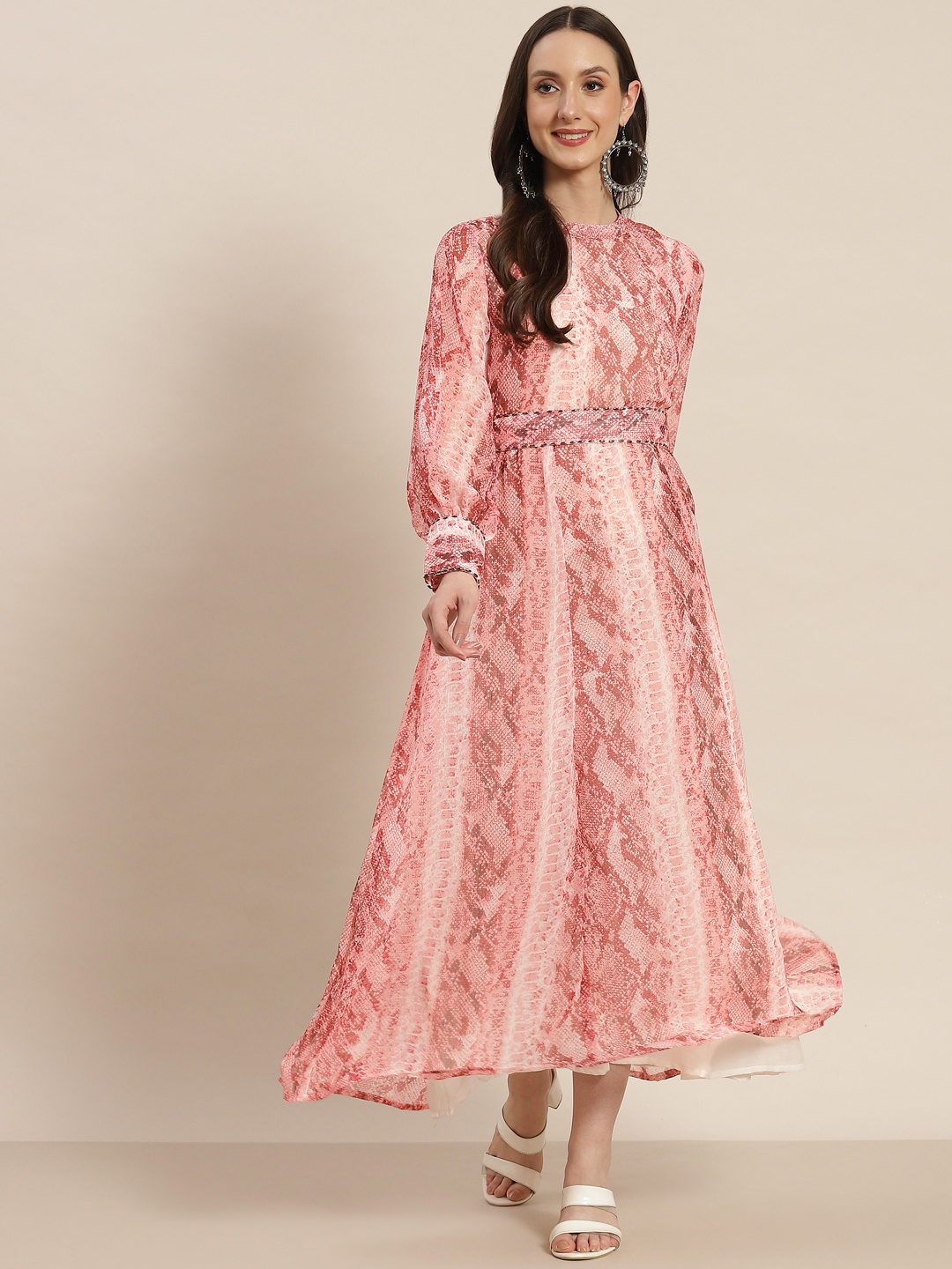 

Juniper Women Peach-Coloured Chiffon Printed A-Line Maxi Dress