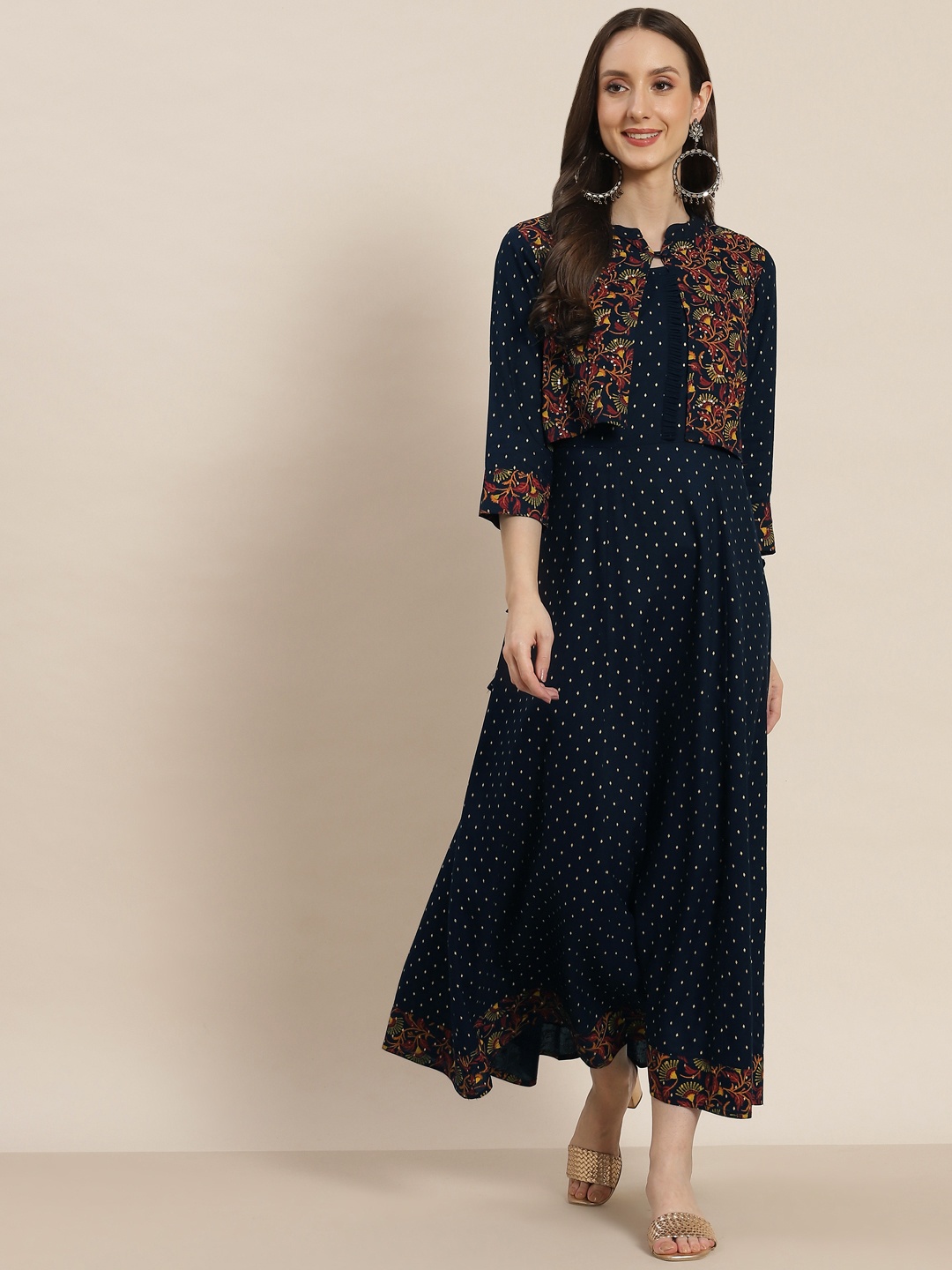 

Juniper Navy Blue & Golden Ethnic Motifs Printed A-Line Maxi Dress with Jacket