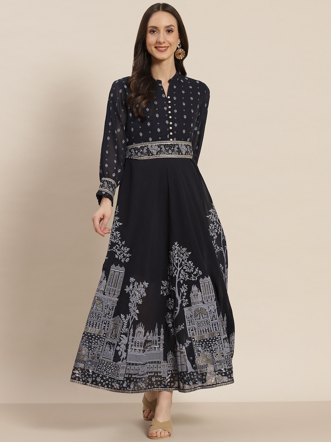 

Juniper Navy Blue & White Ethnic Motifs Georgette Printed Maxi Dress