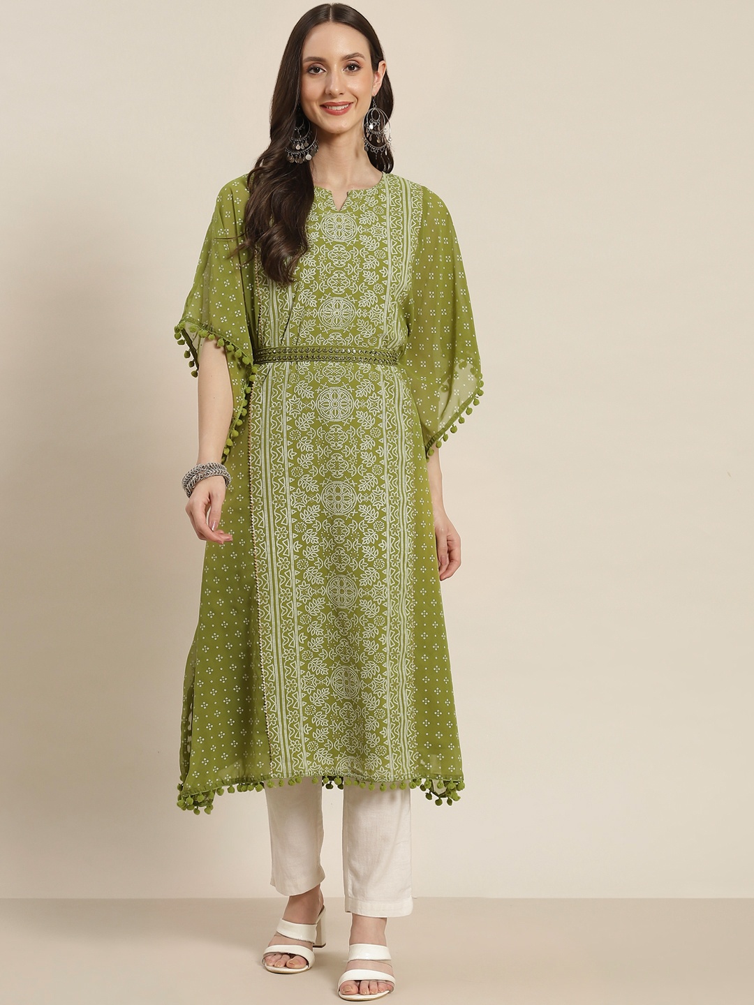 

Juniper Women Olive Green & White Bandhani Printed Georgette Kaftan Kurta