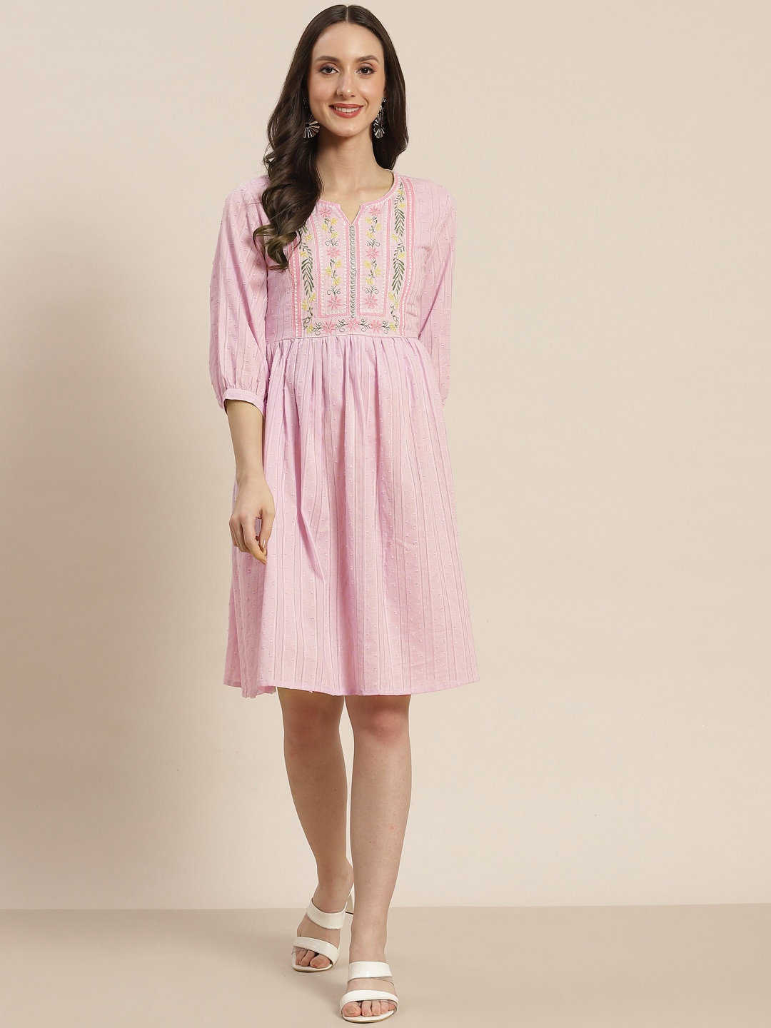 

Juniper Lavender Cotton Dobby Embroidered A-Line Short Dress