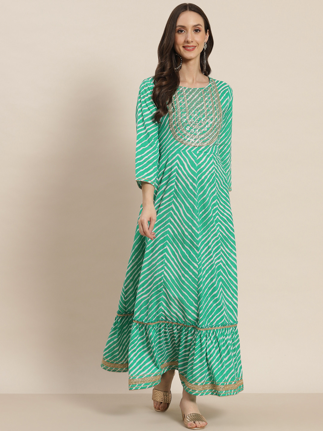 

Juniper Women Green Printed Embroidered Mirror Work Cotton A-Line Maxi Dress