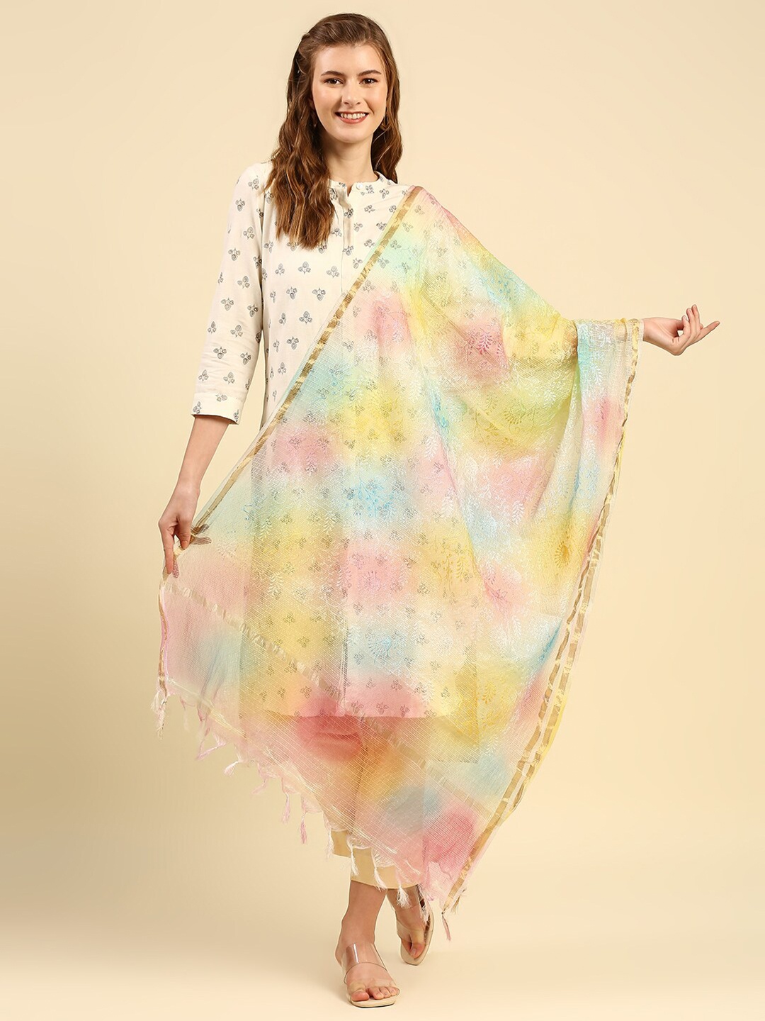 

Dupatta Bazaar Cream-Coloured & Pink Printed Tie and Dye Rainbow Hued Dupatta