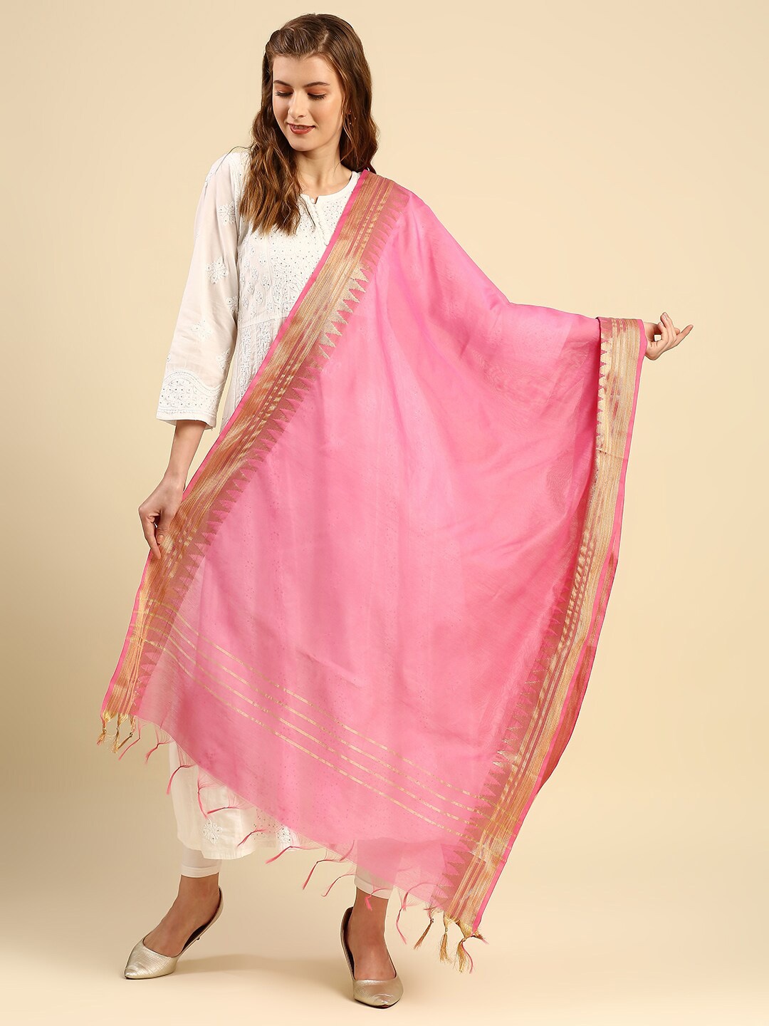 

Dupatta Bazaar Pink & Gold-Toned Tasselled Border Dupatta