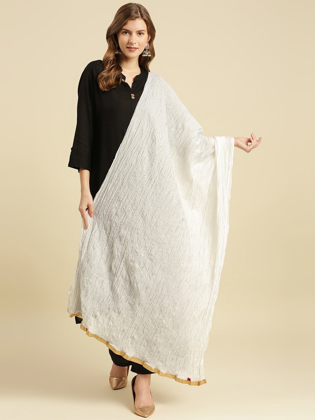 

Dupatta Bazaar Off White & Gold-Toned Taping Border Dupatta