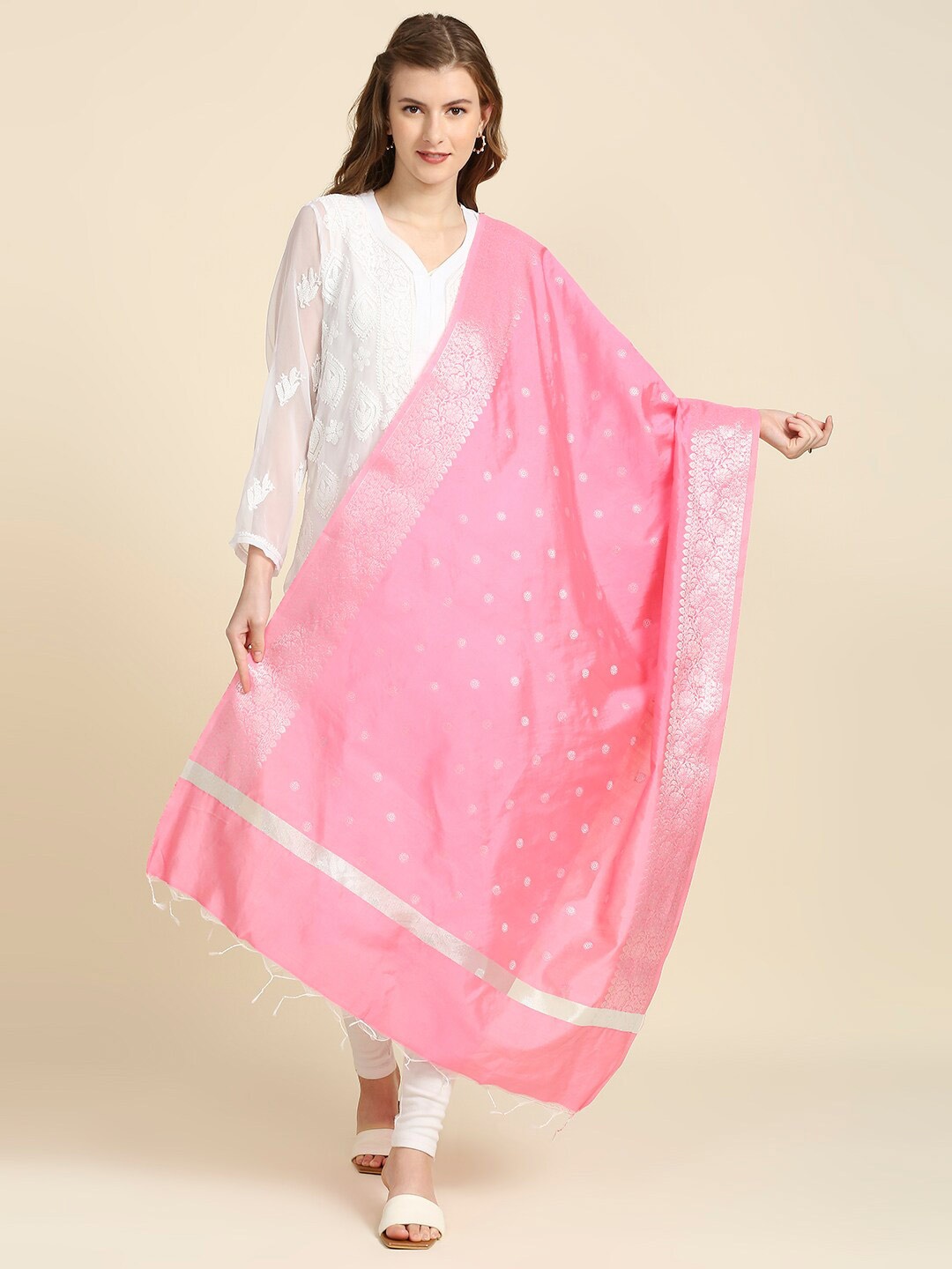 

Dupatta Bazaar Pink & Silver-Toned Ethnic Motifs Woven Design Dupatta