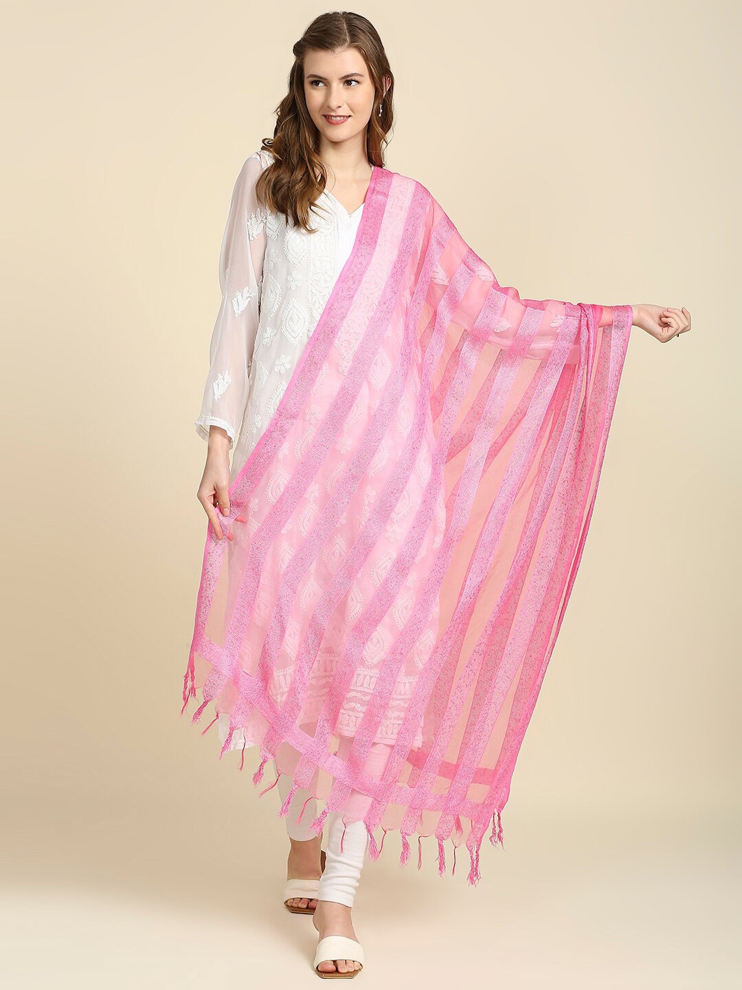 

Dupatta Bazaar Pink Woven Design Organza Dupatta