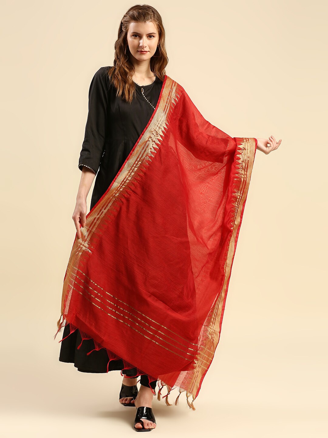 

Dupatta Bazaar Red & Gold-Toned Woven Design Dupatta