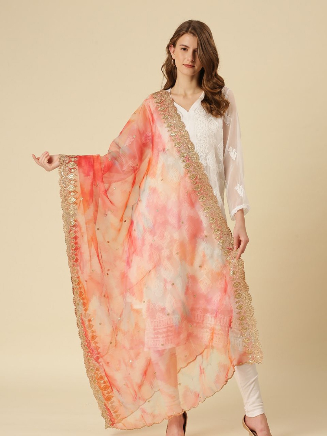 

Dupatta Bazaar Women Pink & Gold-Toned Embroidered Organza Dupatta with Sequinned