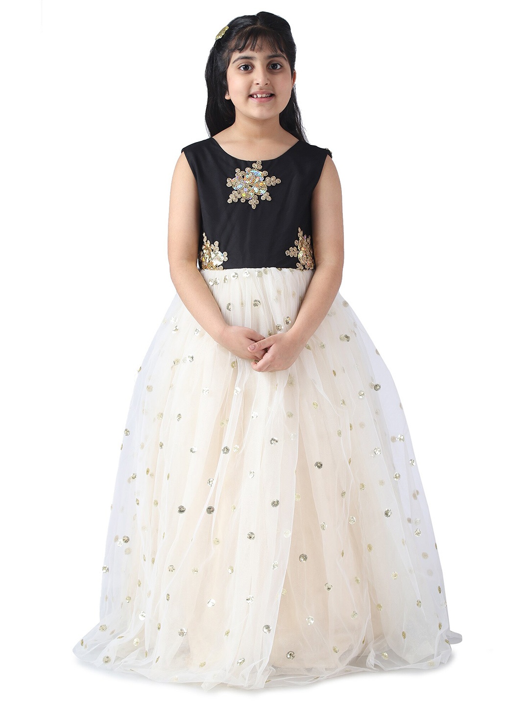

Samsara Couture Black & Cream-Coloured Floral Satin Maxi Dress