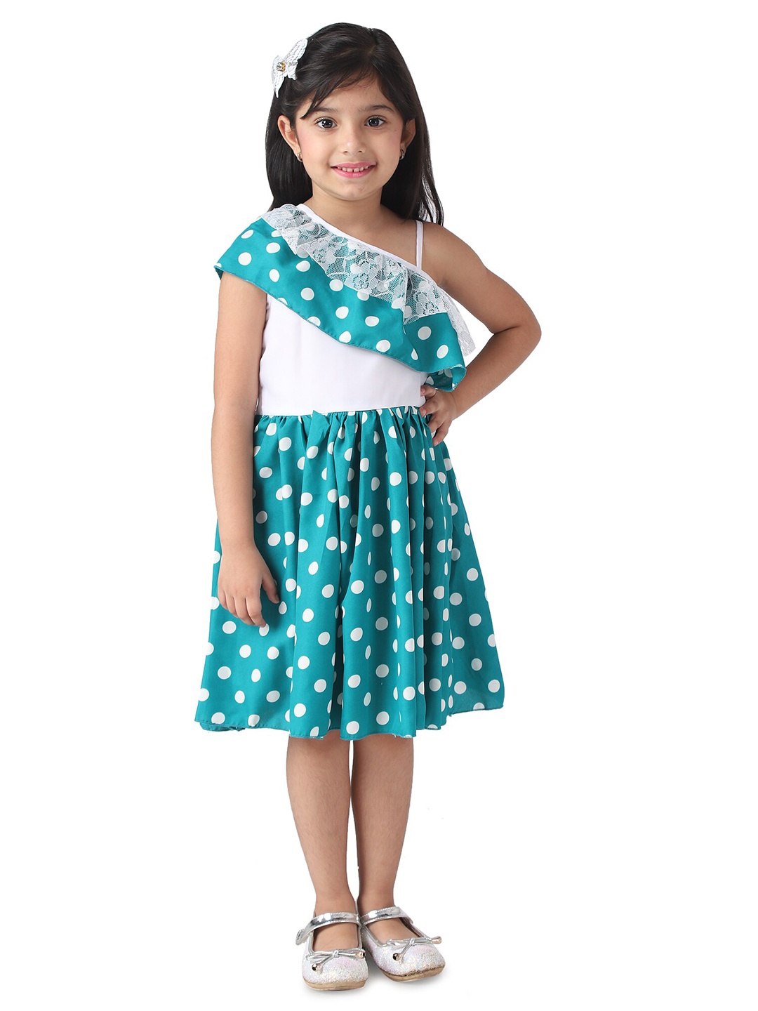 

Samsara Couture Girls Green & White Satin Dress