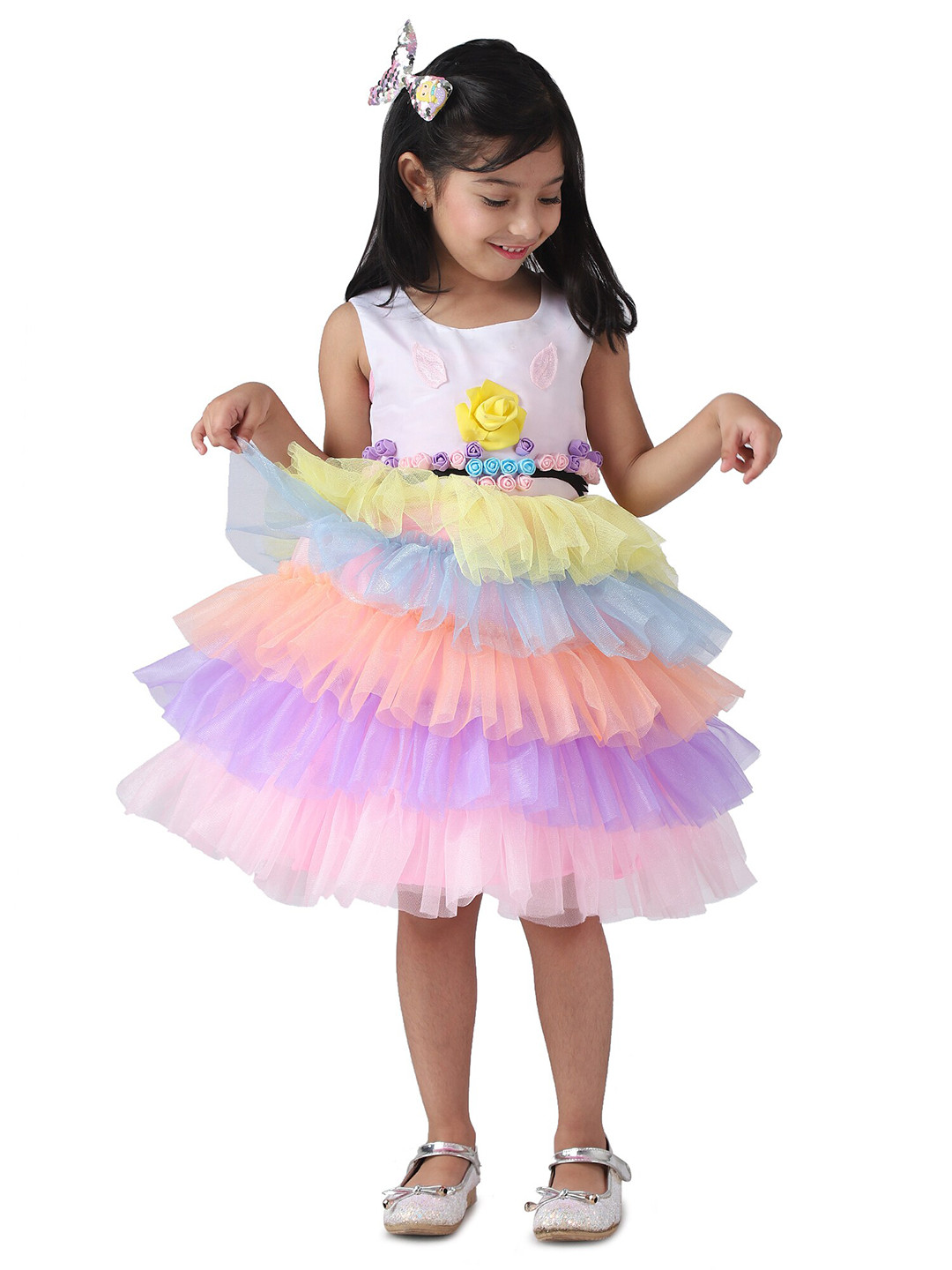 

Samsara Couture Girls White & Yellow Layered Satin Dress