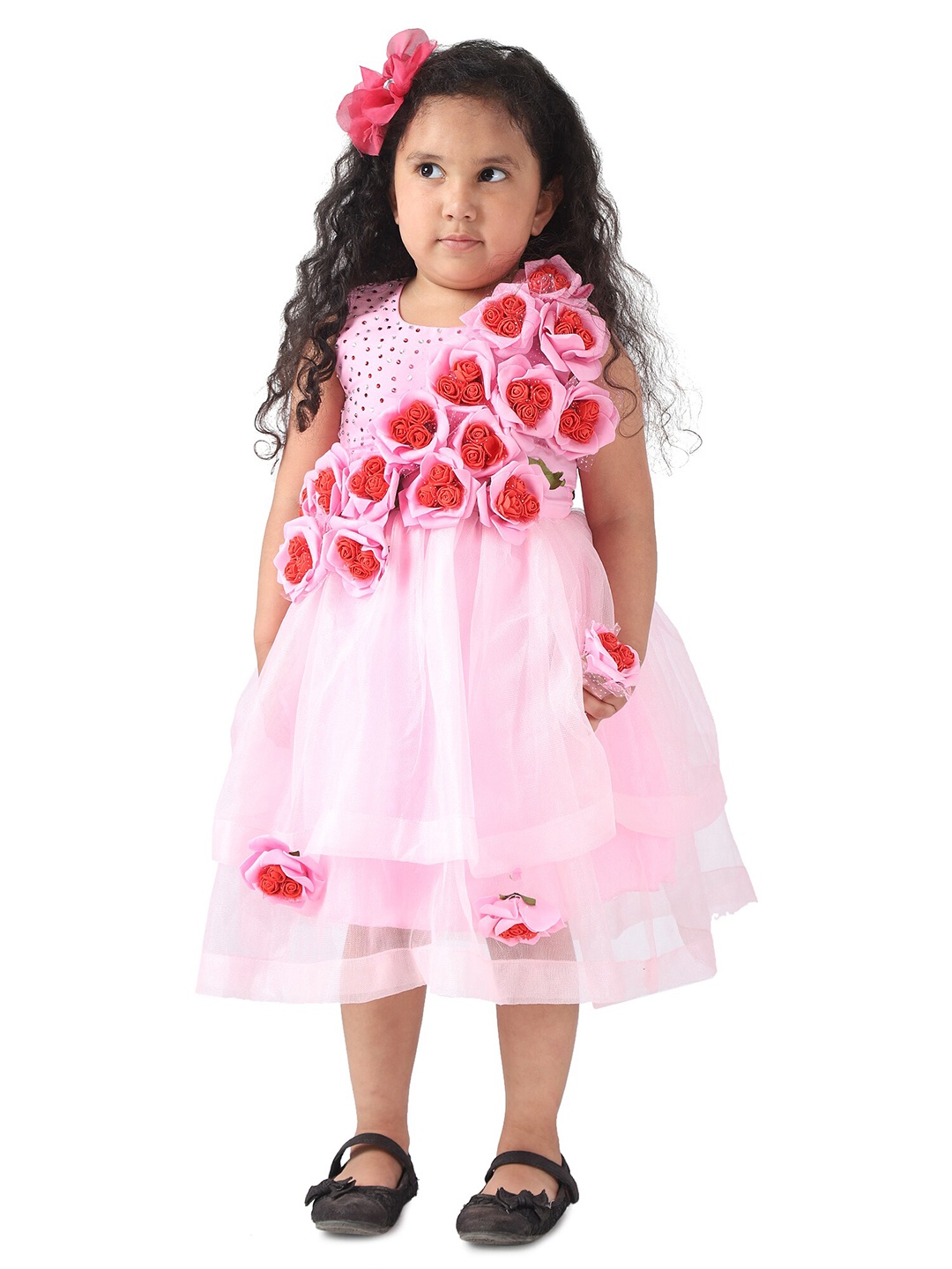 

Samsara Couture Girls Pink Embellished Layered Satin Dress