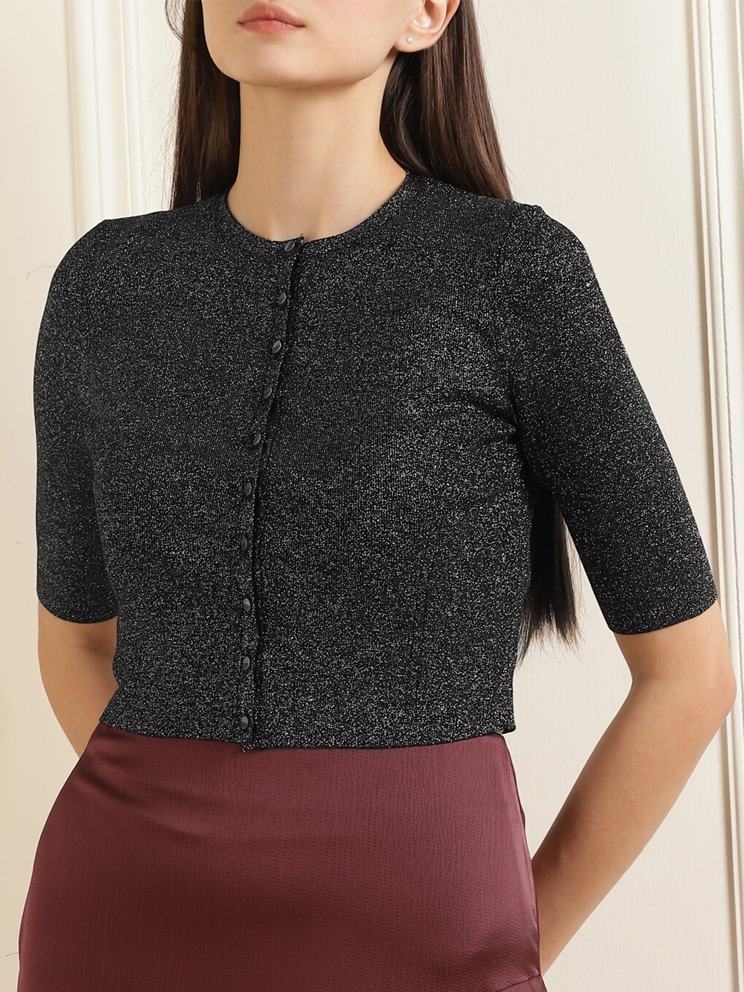 

Ted Baker Women Black Metallic Cropped Cardigan