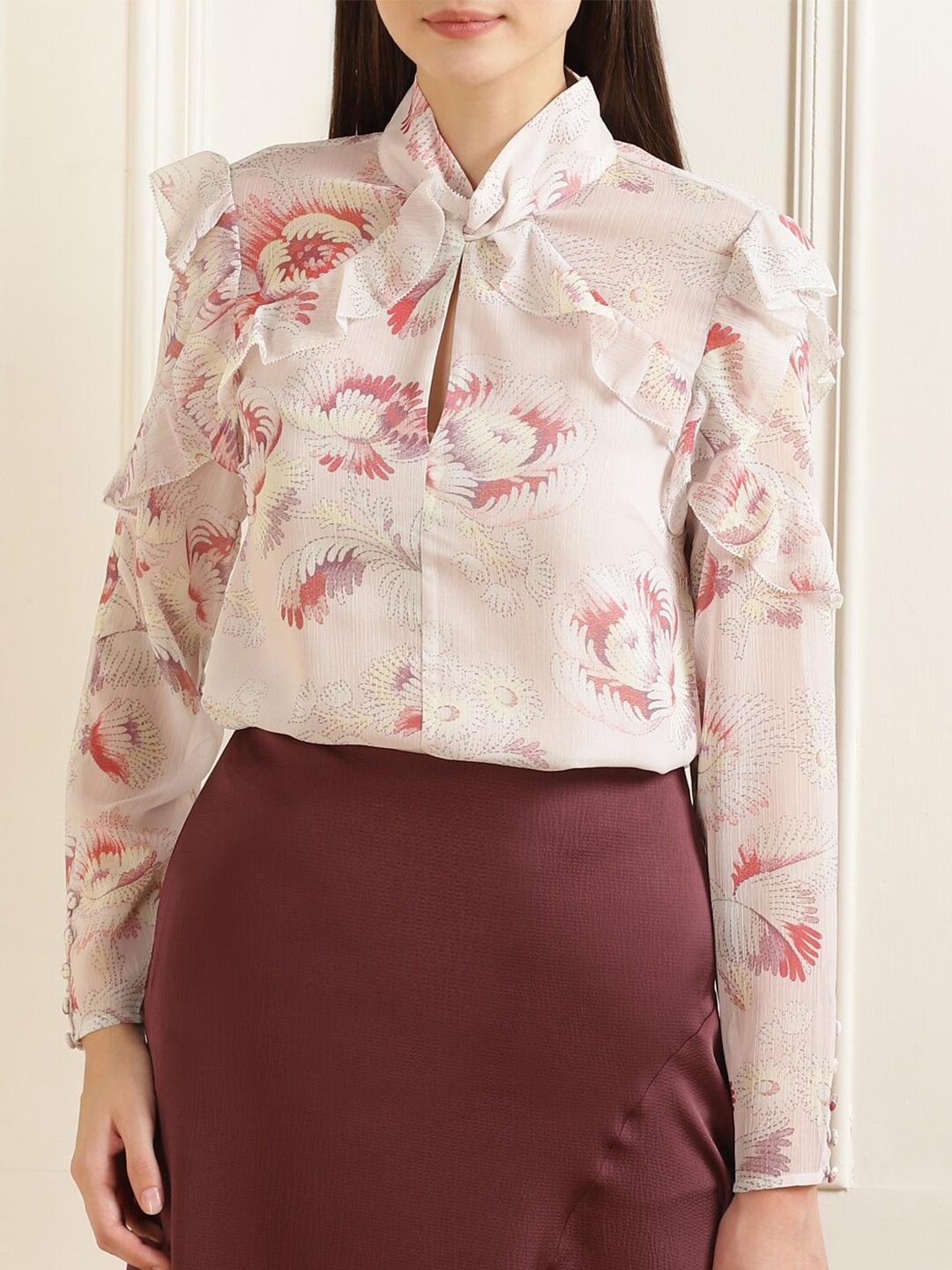 

Ted Baker Cream-Coloured & Red Floral Print Twisted Neck Ruffles Top