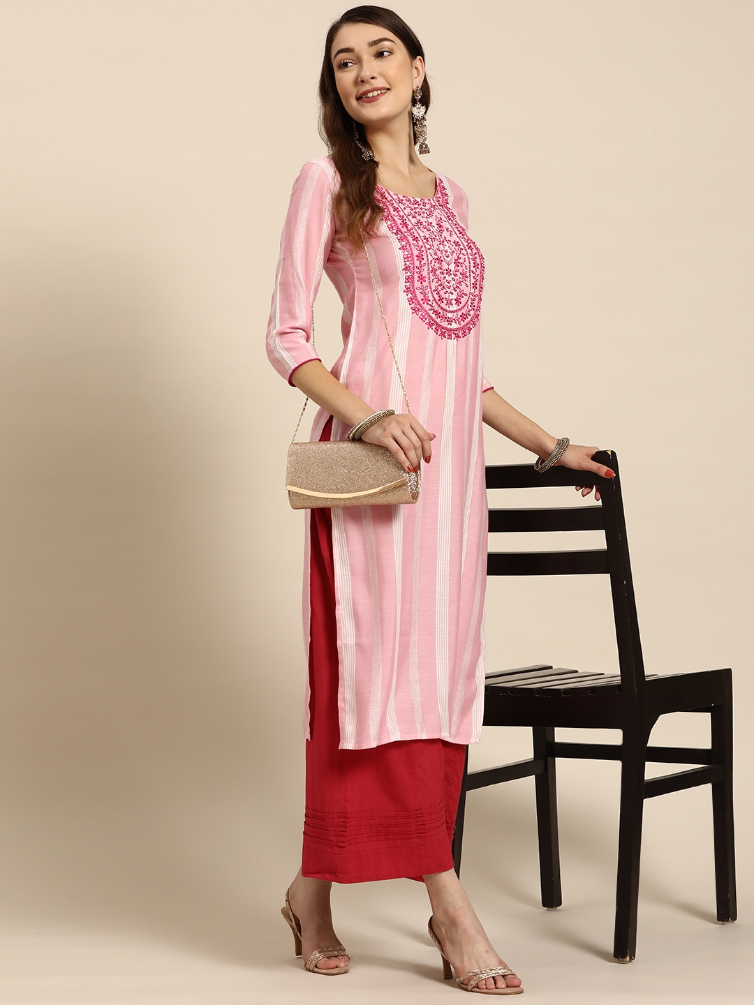 

Sangria Women Pink & White Dobby Weave Striped Mirror-Work Kurta