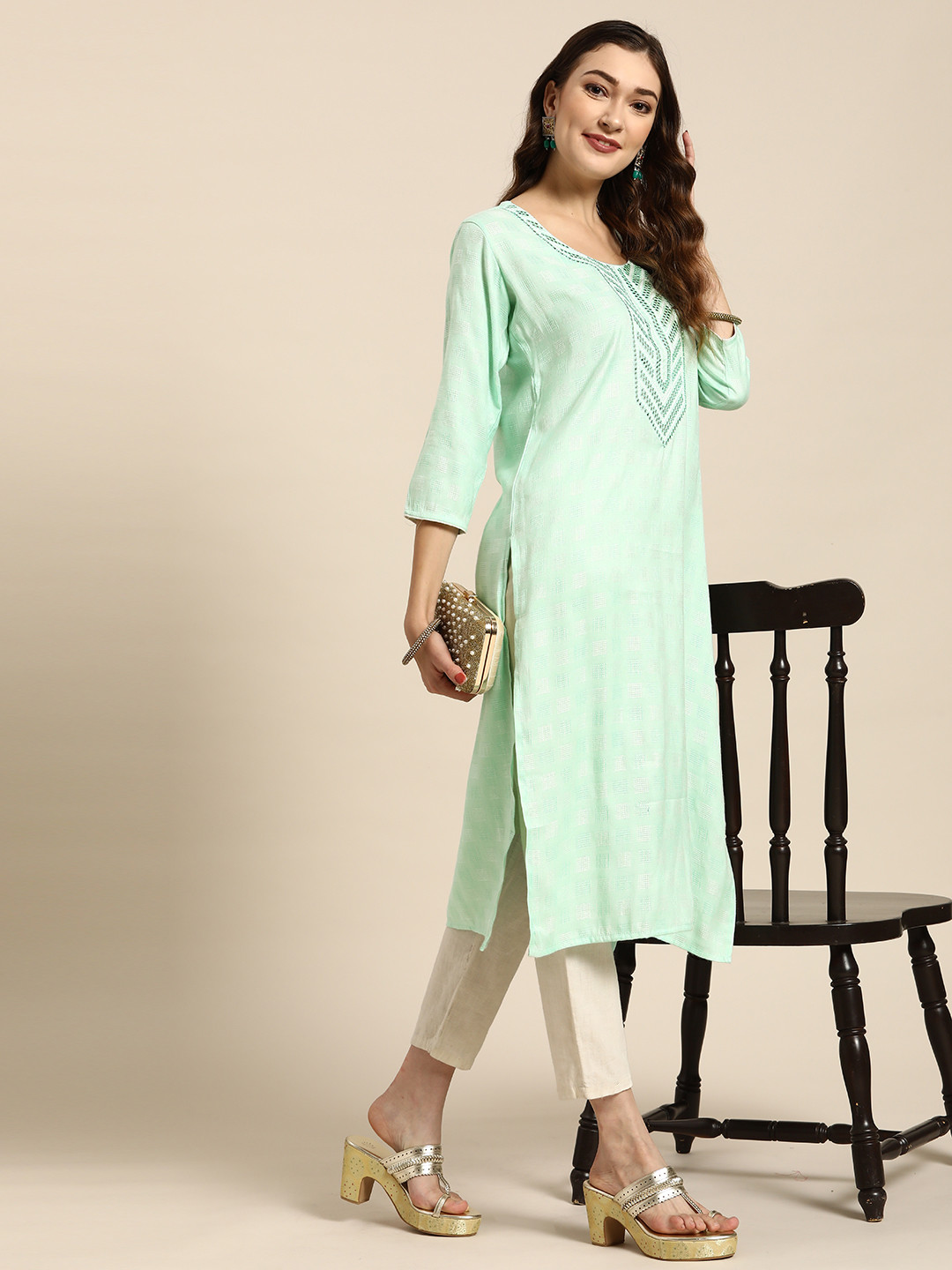 

Sangria Women Sea Green Dobby Weave Mirror-Work Kurta