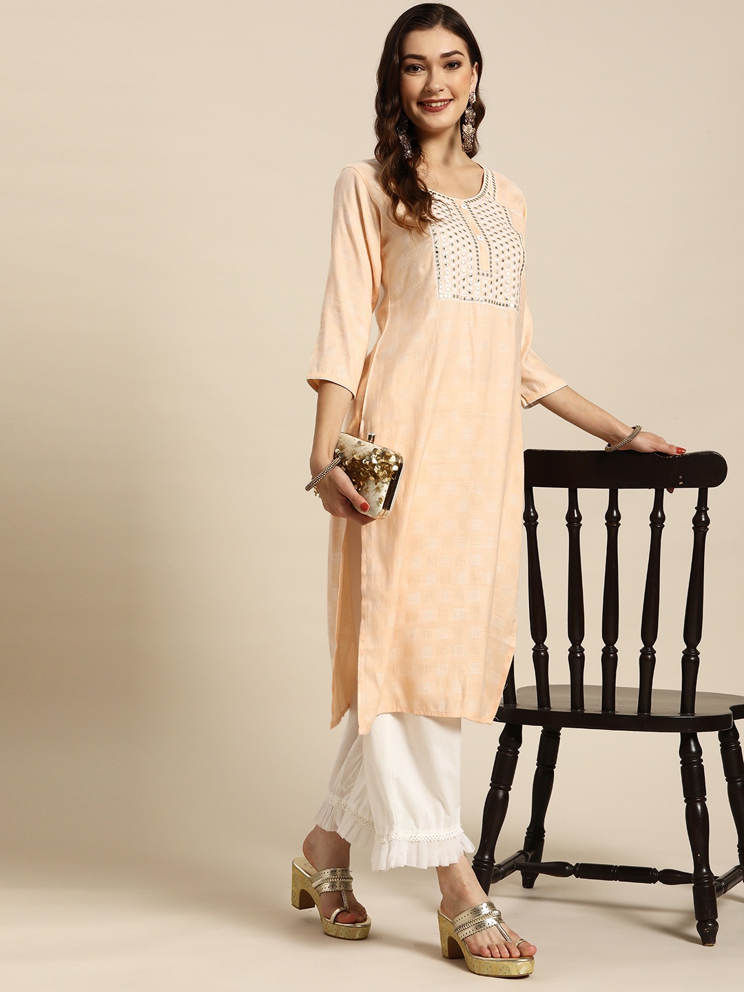 

Sangria Women Cream-Coloured Dobby Weave Mirror-Work Kurta