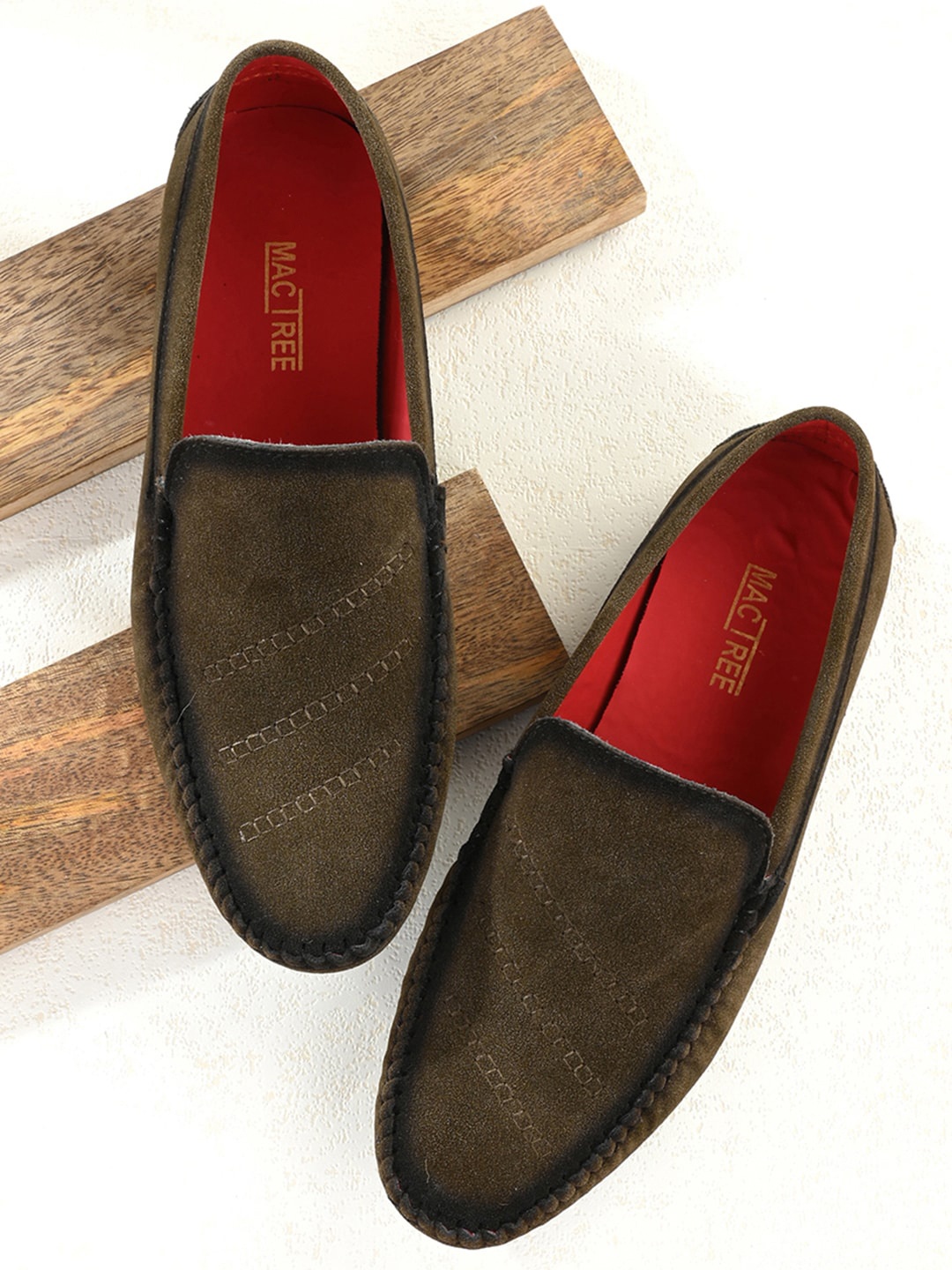 

Mactree Men Olive Green Textured Lightweight Suede Loafers