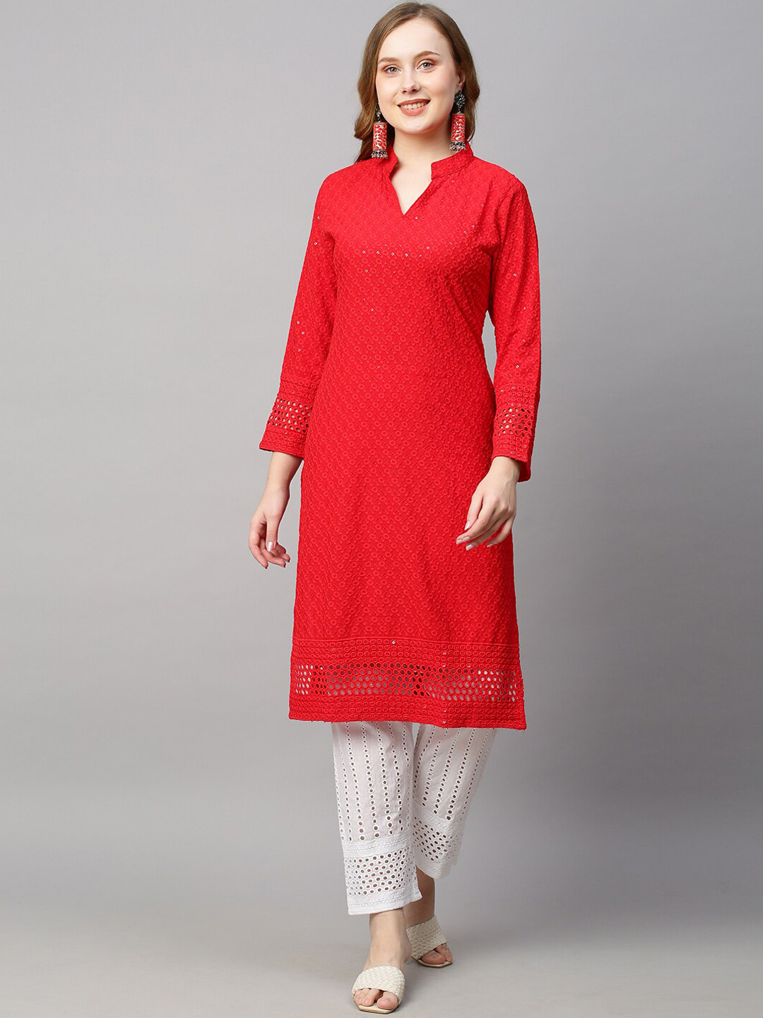 

POONAM DESIGNER Women Red Chikankari Pure Cotton Kurta with Trousers