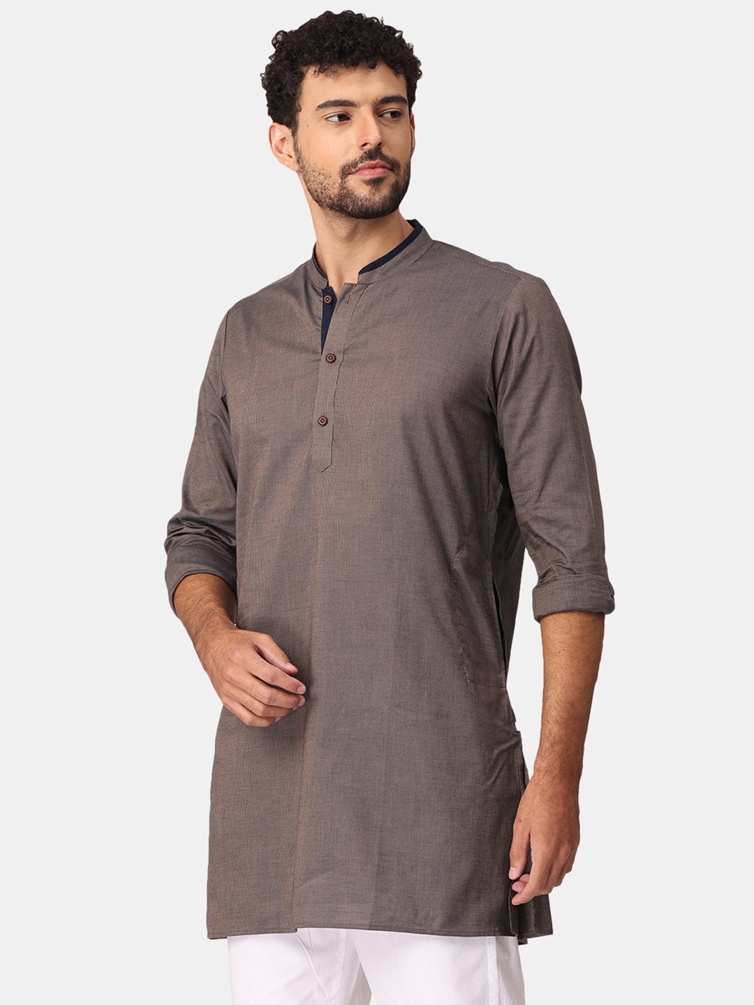 

NIRVAAN Men Brown Striped Woven Design Cotton Kurta