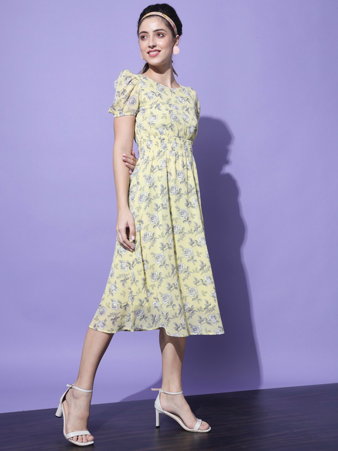 

Slenor Yellow & Grey Floral Georgette A-Line Midi Dress
