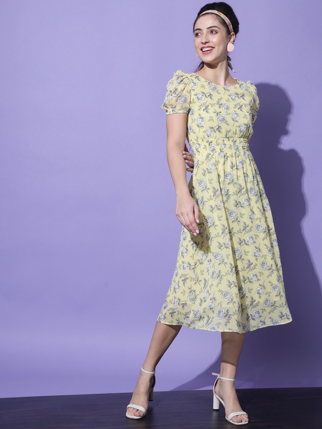 

Slenor Yellow Floral Georgette Fit and Flared Midi Dress