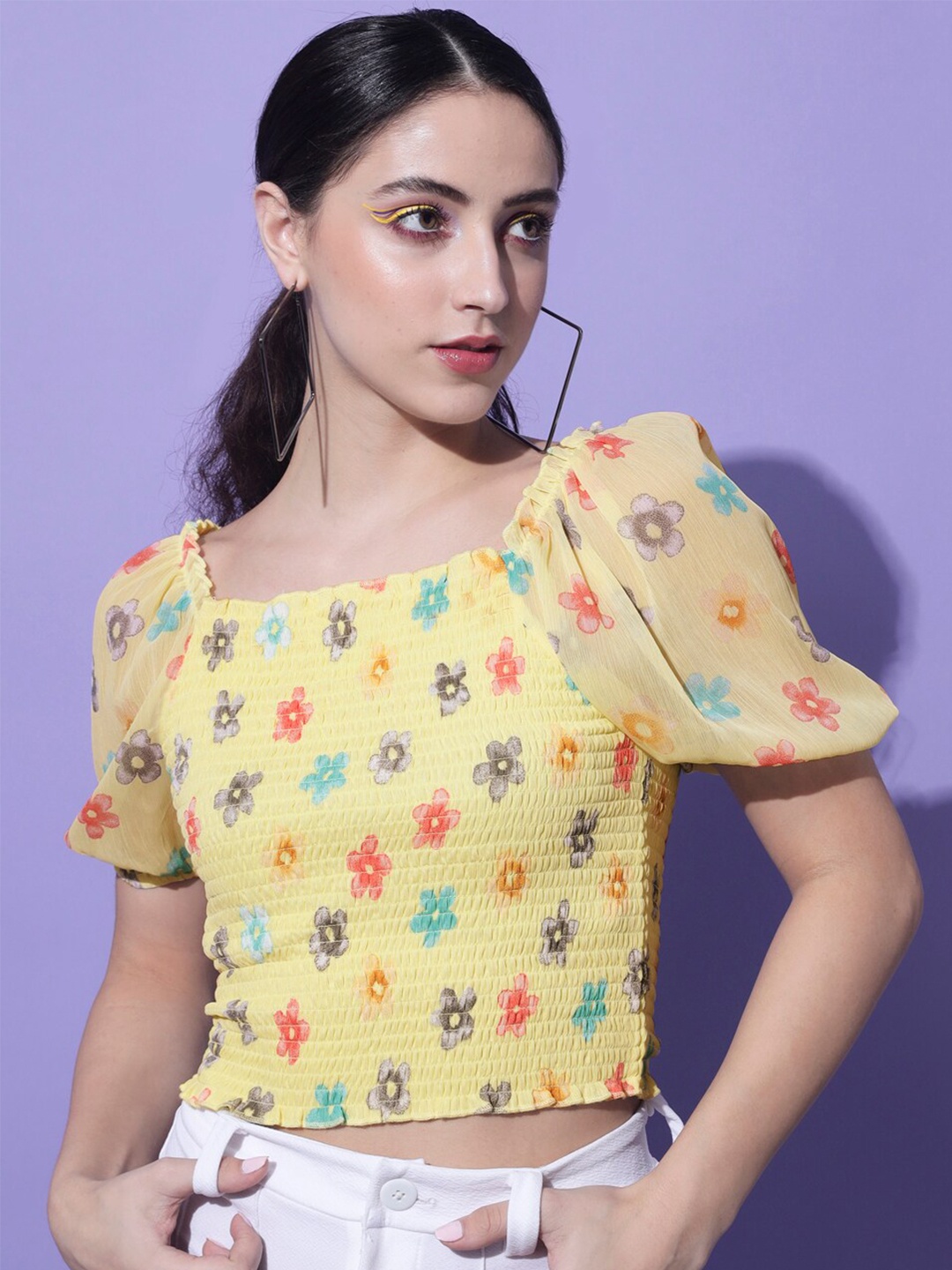 

Slenor Women Yellow & Red Floral Print Georgette Crop Top
