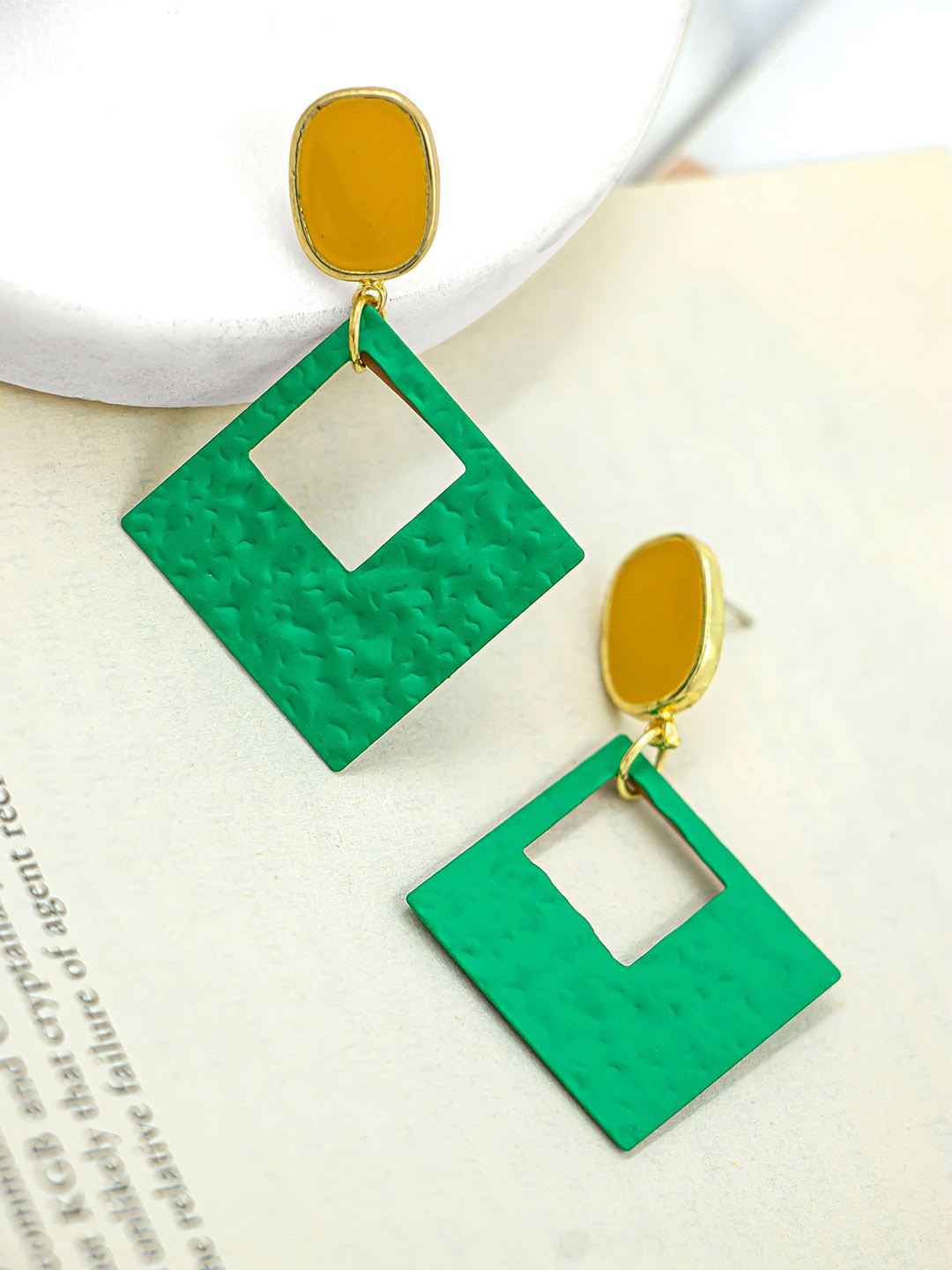 

Bellofox Women Green & Yellow Geometric Drop Earrings