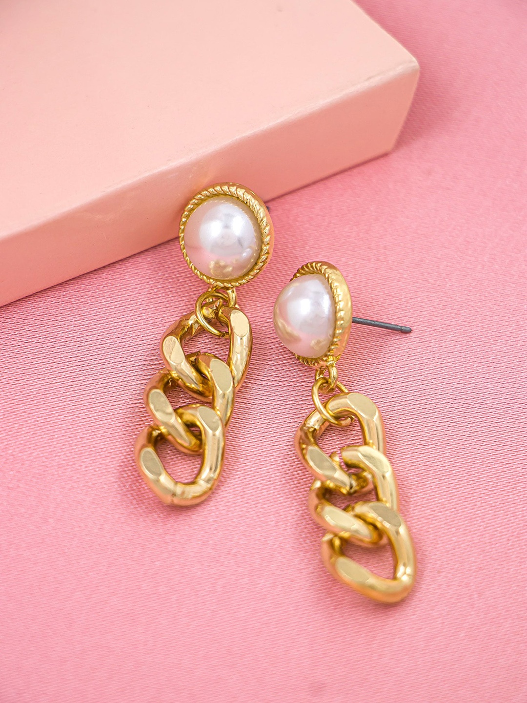 

Bellofox Gold-Toned & White Contemporary Drop Earrings