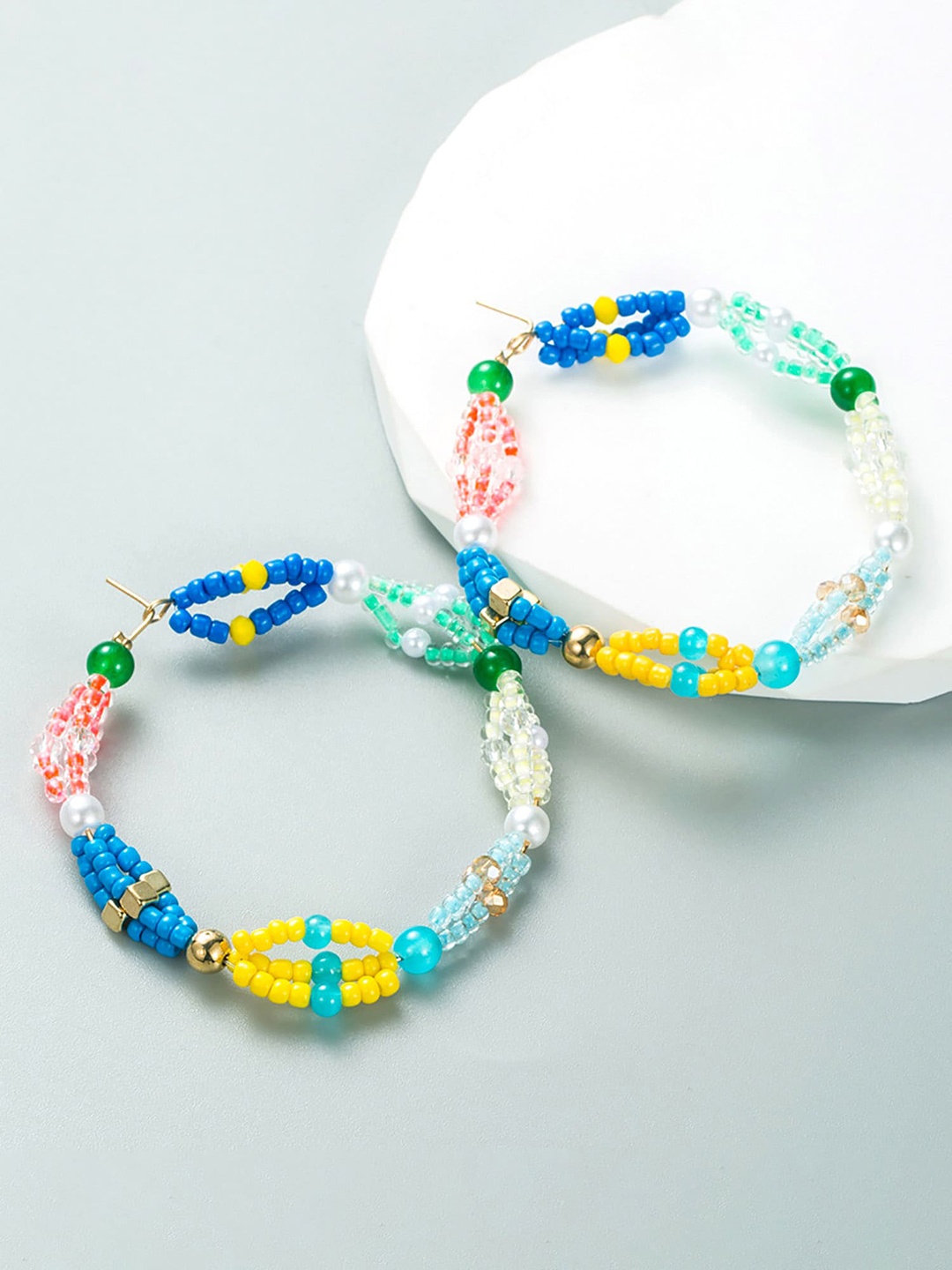 

Bellofox Blue & Green Gold-Plated Beaded Circular Hoop Earrings
