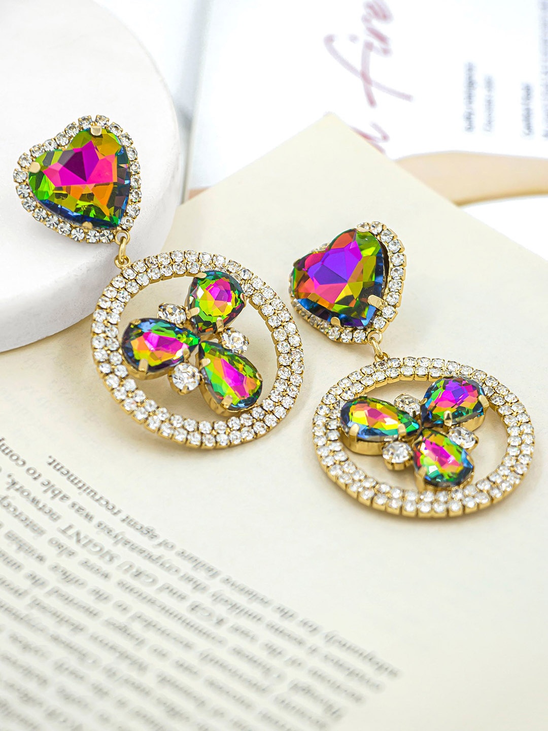 

Bellofox Women Green & Pink Gold-Plated Rhinestone Contemporary Drop Earrings