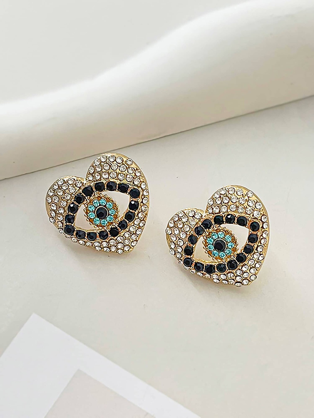 

Bellofox Gold-Toned & White Rhinestone Studded Heart Shaped Studs Earrings