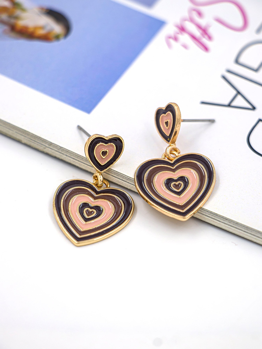 

Bellofox Women Peach-Coloured & Black Heart Shaped Drop Earrings