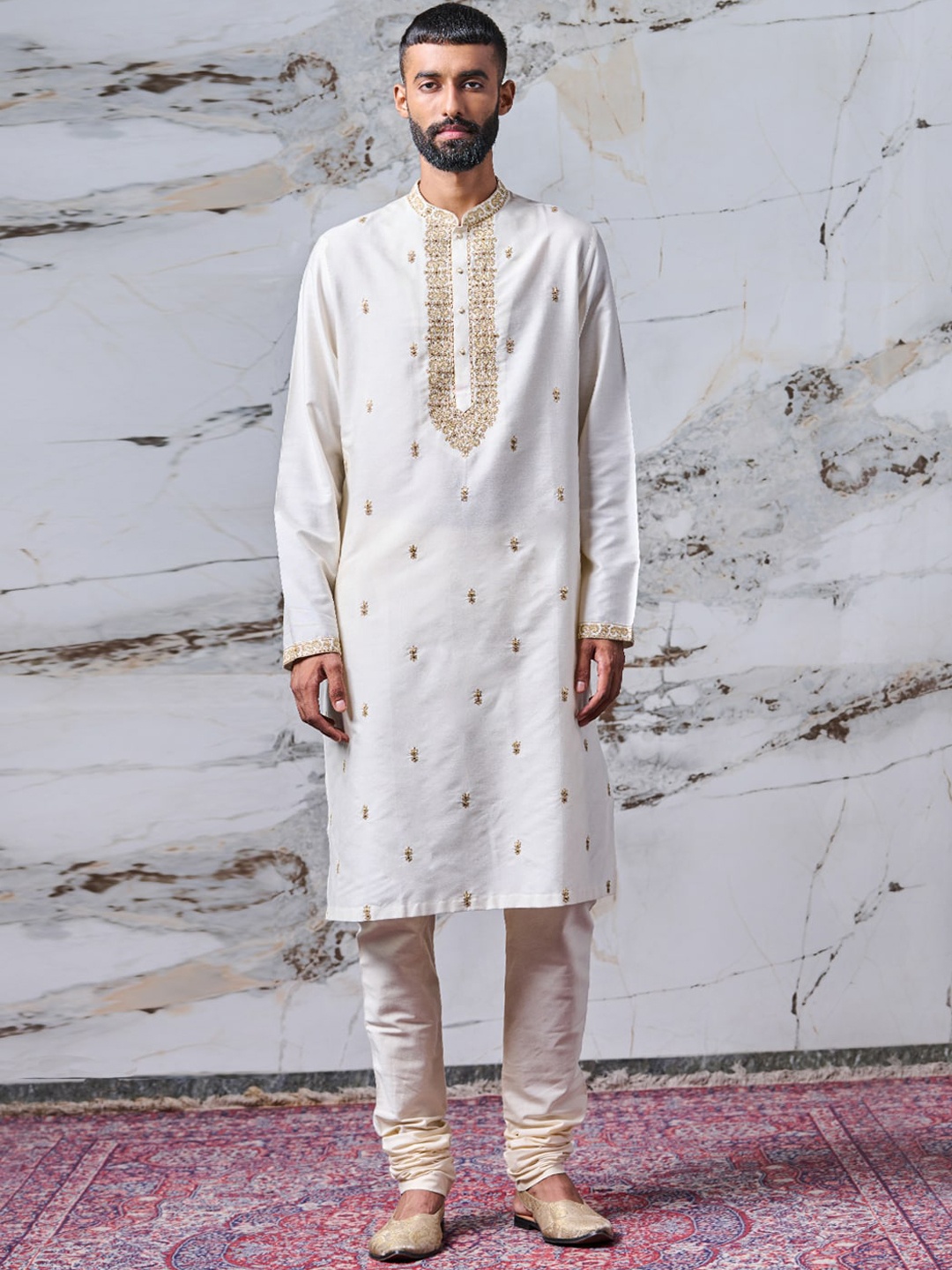 

Tasva Men Off White Ethnic Motifs Embroidered Kurta with Churidar