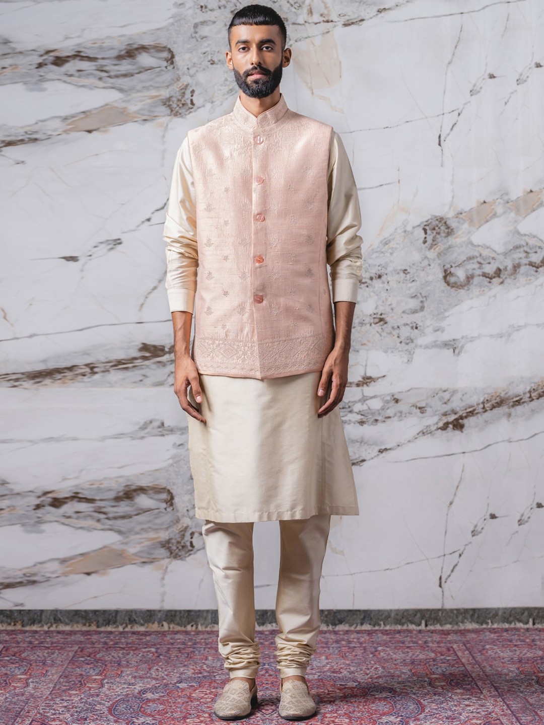 

Tasva Men Peach-Coloured Pure Silk Kurta with Pyjama Set