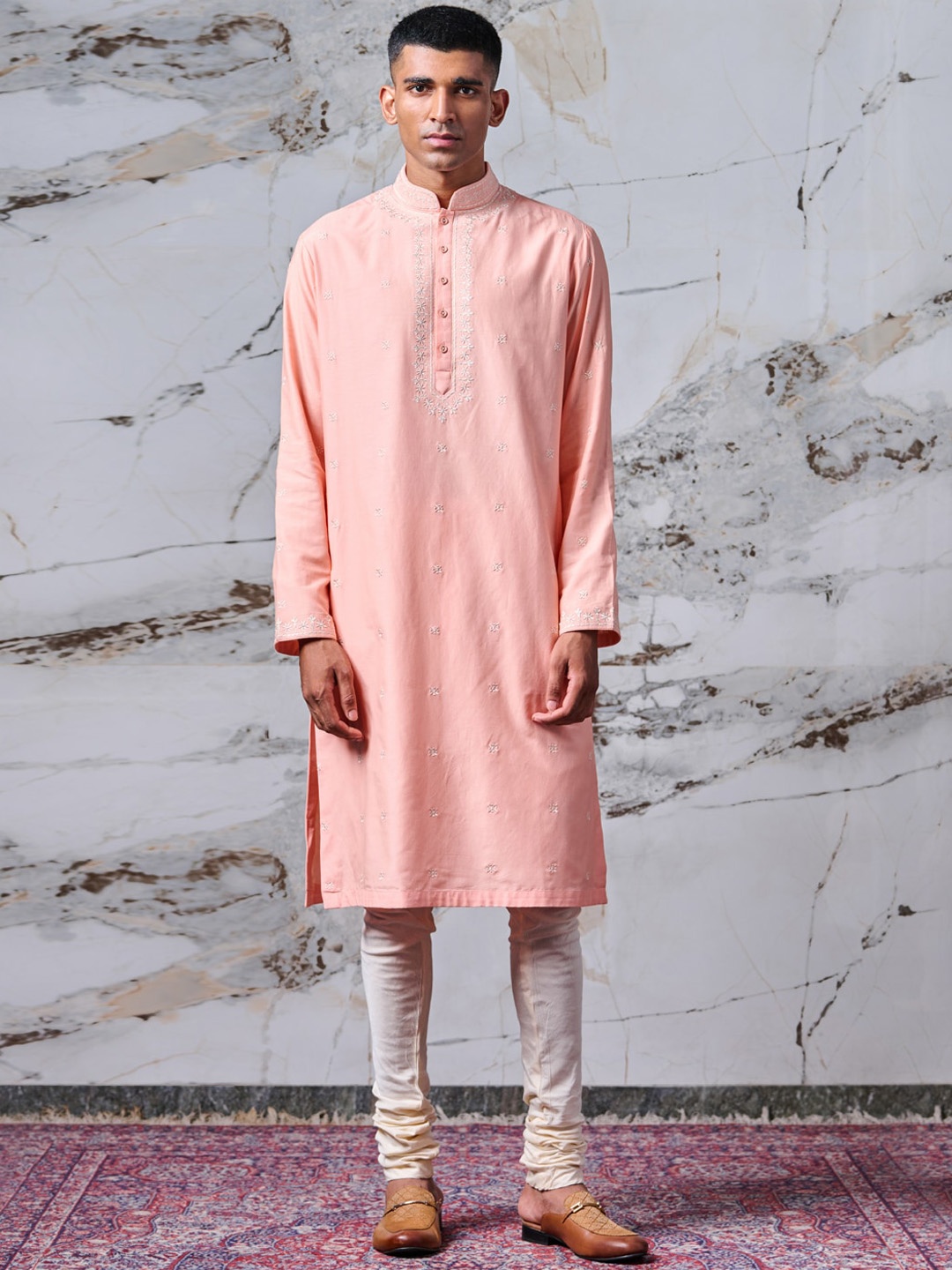 

Tasva Men Peach& Cream Embroidered Kurta with Churidar