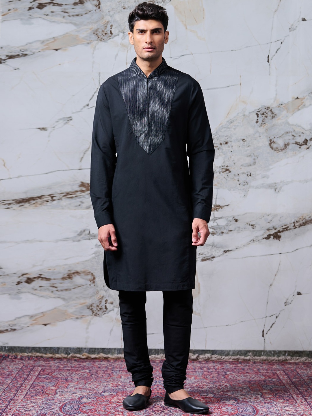 

Tasva Men Black Thread Work Kurta