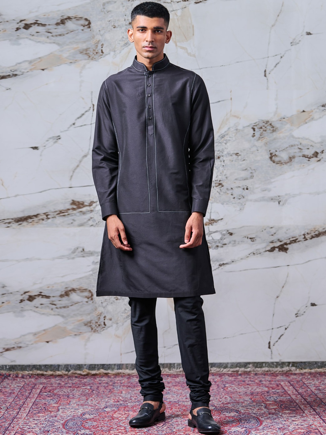 

Tasva Men Black Thread Work Viscose Rayon Kurta