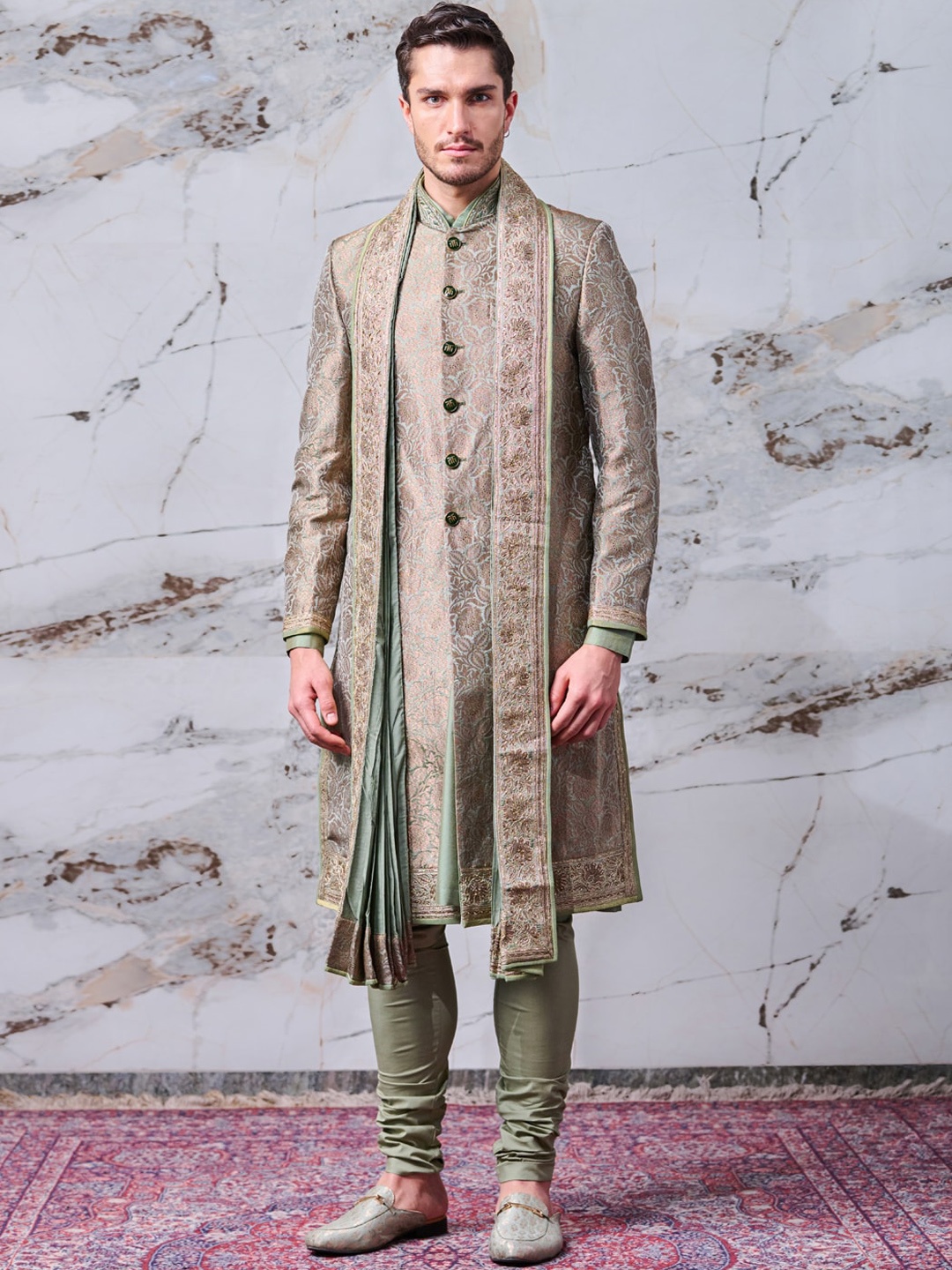 

Tasva Men Green Woven-Design Sherwani Set