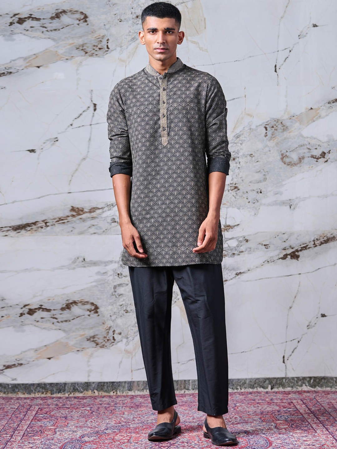 

Tasva Men Black Ethnic Motifs Printed Thread Work Kurta