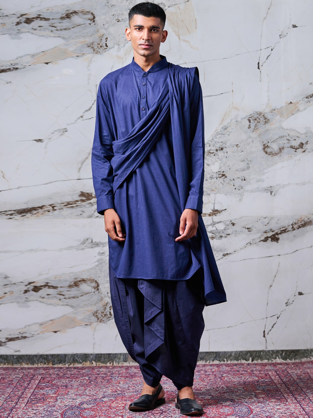 

Tasva Men Navy Blue Kurta with Dhoti Pant & With Dupatta Set