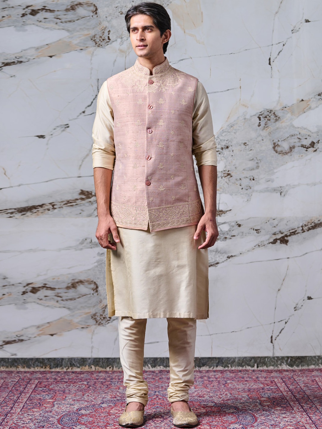 

Tasva Men Pink Thread Work Pure Silk Kurta with Churidar with Nehru Jacket